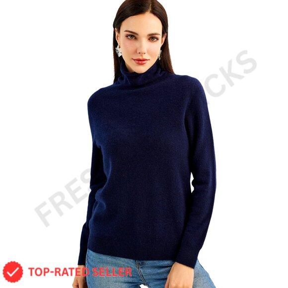 Pure Cashmere Turtleneck Sweater Seamless Knit Pullover Warm Soft Elegant